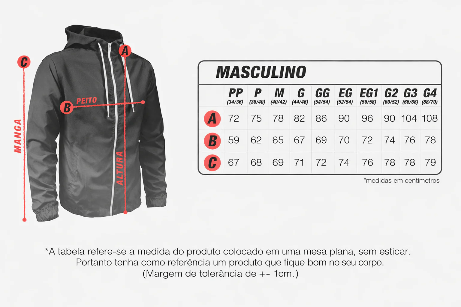 Tabela de medidas — Jaqueta Impermeável com Capuz — Corta-Vento Premium